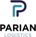 The Parian logistics logo a stylized dark blue P with a light blue corner on a ninety degree angle form the image of a P in white. The text Parian in in bold black and Logistics in blue fine text.