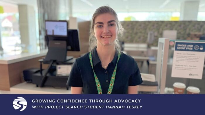 Hannah wearing an Autism Lanyard